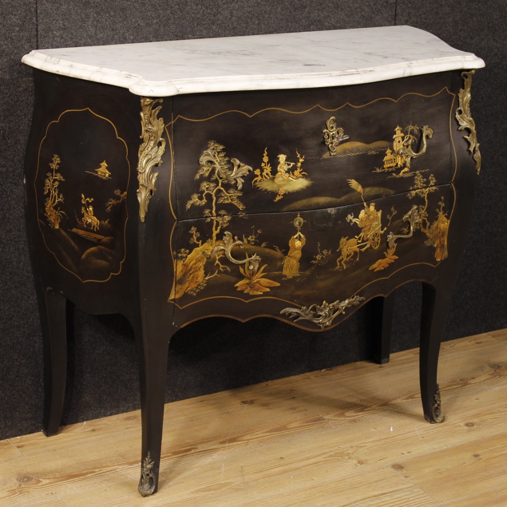 French Lacquered And Painted Chinoiserie Dresser With Marble Top
