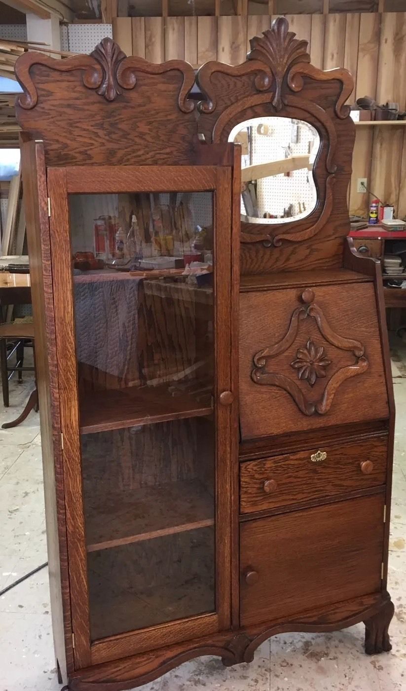 Vintage Oak Side By Side Antique Furniture Desk Curio Cabinet For