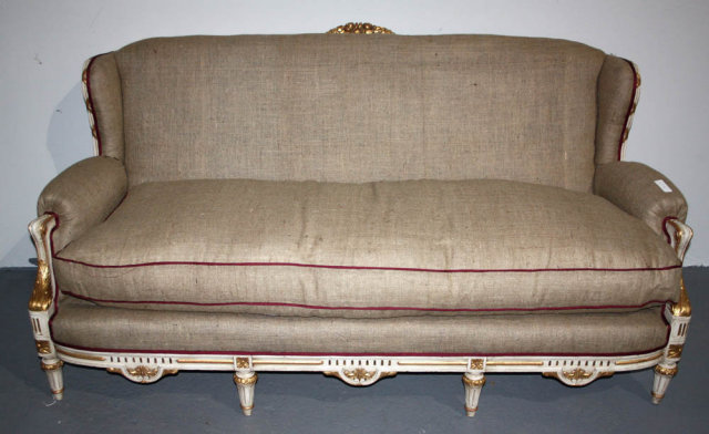 Great French Louis Xvi Painted Settee Sofa Burlap J6774