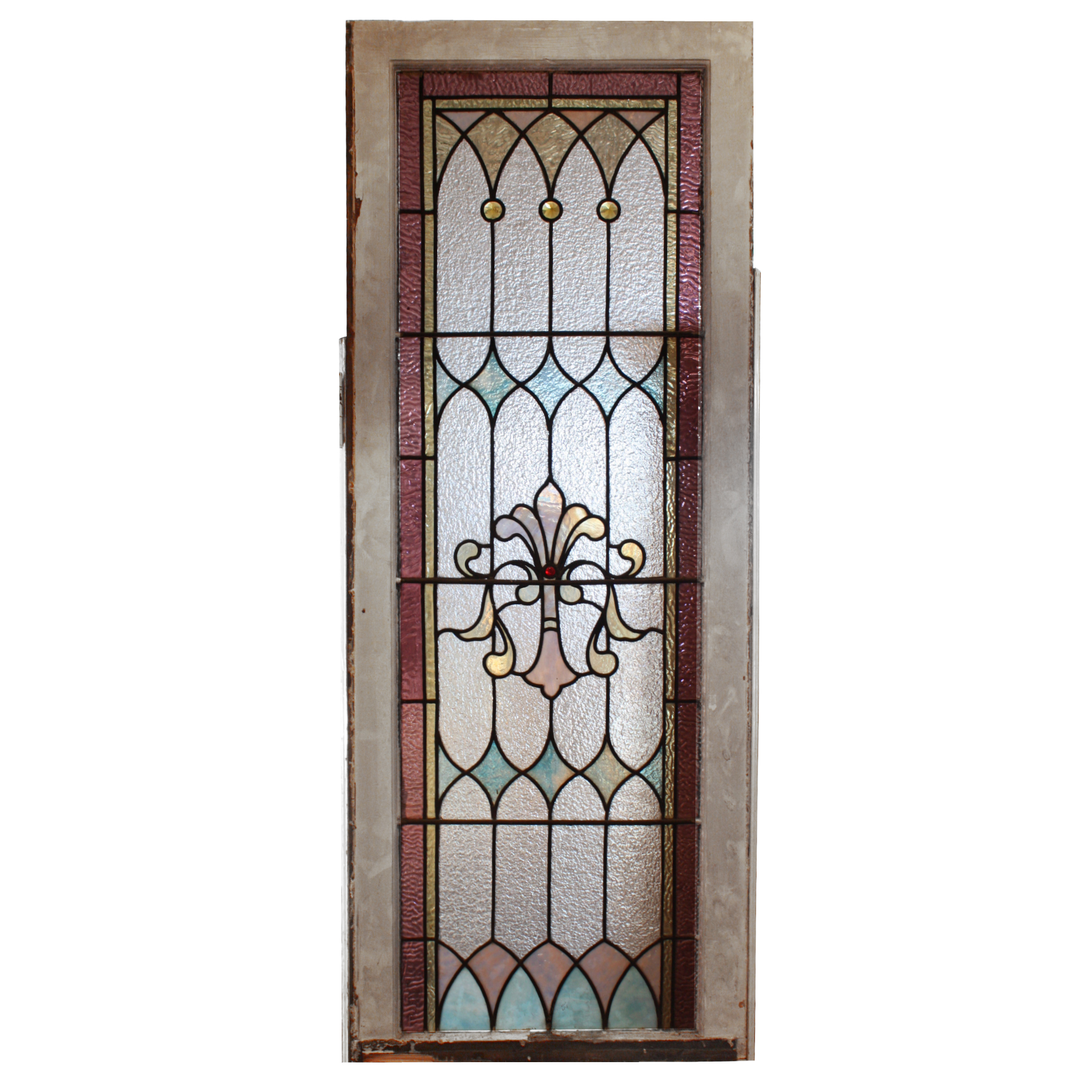 Magnificent Antique American Stained Glass Window With Jewels 19th