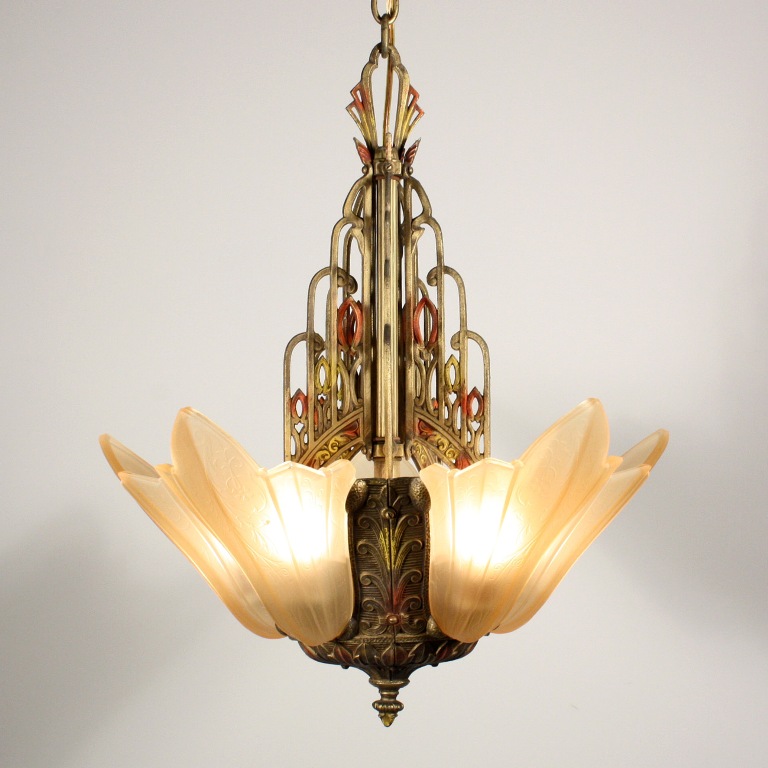 Incredible Antique Art Deco Slip Shade Chandelier with
