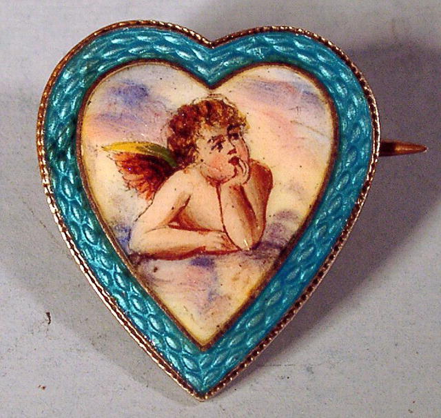 Enamel And Guillochet Rimmed Cupid Heart Shaped Pin 19