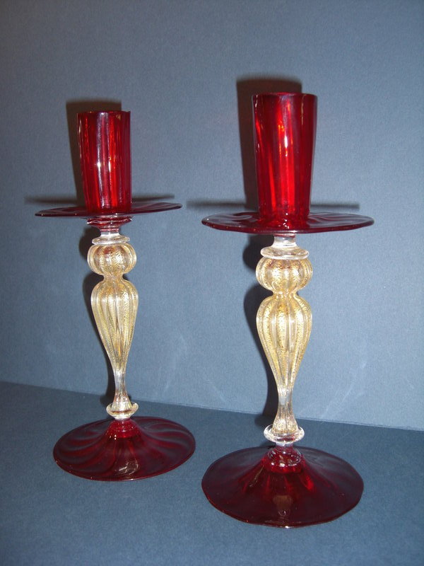Pair of Murano Red and Gold Inclusion Glass Candlestick For Sale