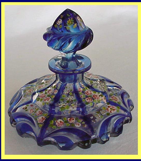 ANTIQUE FRENCH BLUE CUT GLASS PERFUME BOTTLE HP For Sale | Antiques