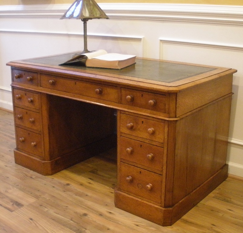 Large Antique English Oak Leather Top Knee Hole Desk For Sale