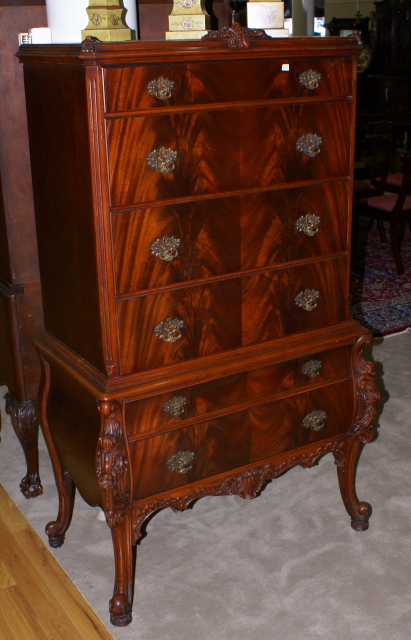 Really Nice Heavily Carved Flame Mahogany Highboy For Sale