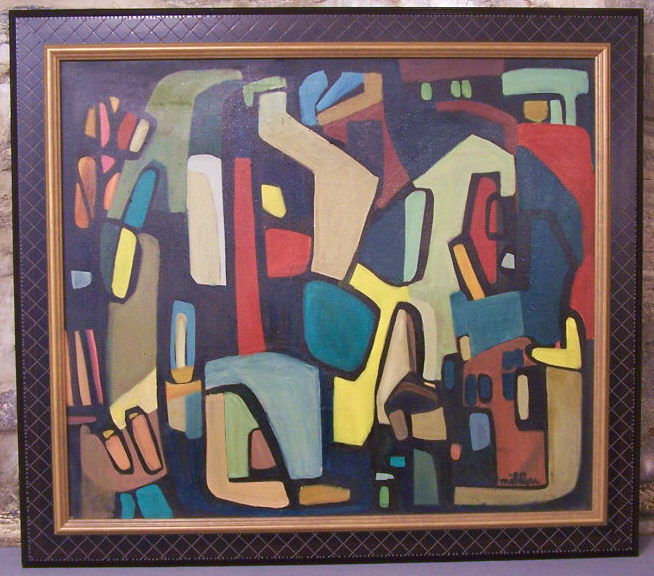 French Abstract Modern Art oil on canvas by Millou c1950