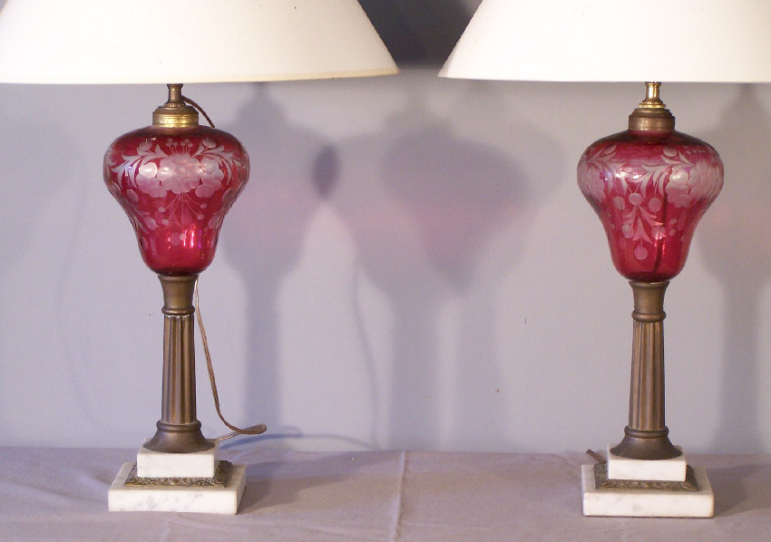 Etched Cranberry Glass Oil Lamps C1880, Antique Cranberry Glass Table Lamps