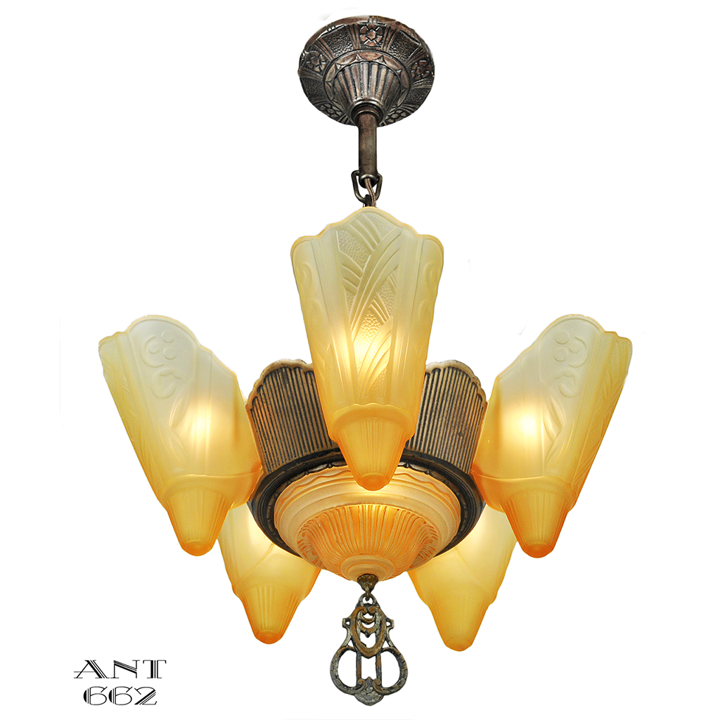Streamlining Style Lighting Art Deco Streamline Chandelier Six Light Slip Shade Ceiling Fixture ...