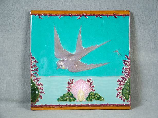 Carreau Mural Ancien Minton Hollins & Co Motif Fleuron Porcelaine - Vert - Angleterre Circa 1920 - 7x7 Pouces