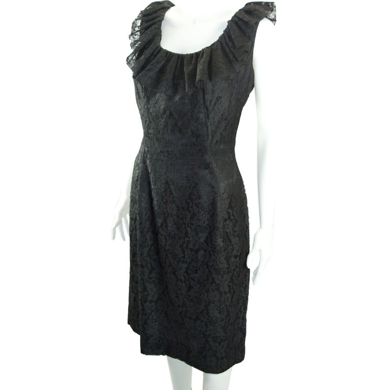 VINTAGE 1960'S BLACK LACE & RUFFLE WIGGLE PARTY DRESS XL For Sale ...