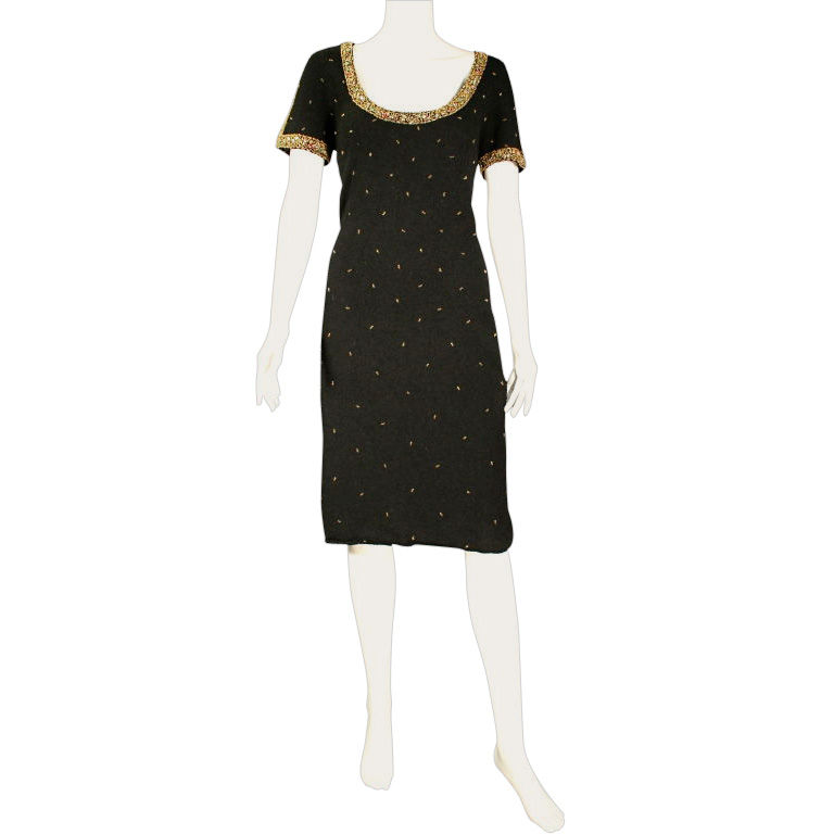 1950 knit wiggle dress hand sewn gold beads & multi color stones For ...