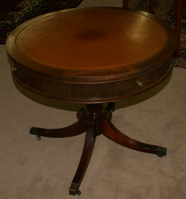 Nice Round Hand Tooled Leather Top, Antique Leather Top Round Table